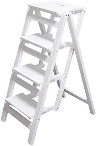 Solid Wood Folding Library Steps Stool for Kitchen Office Multifunctional Wooden Ladder Chair with 4 Steps White Wood Color