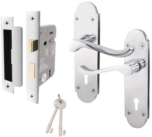 EAI Polished Chrome Door Handle Key Lock Set - Victorian Scroll Shaped | 1 Pair of Internal Lock Handles with Sash Lock (64mm) & Keys
