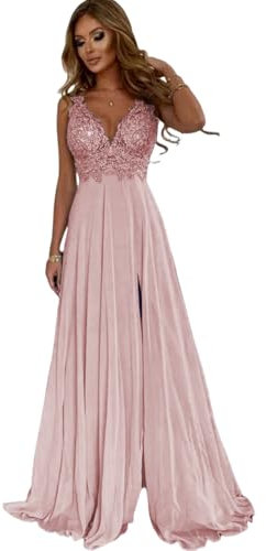 CLcaojun Élégante mousseline de soie haute fente robes de bal bretelles spaghetti col en V dos nu appliques dentelle sexy longue robe de soirée, rose pâle, 40