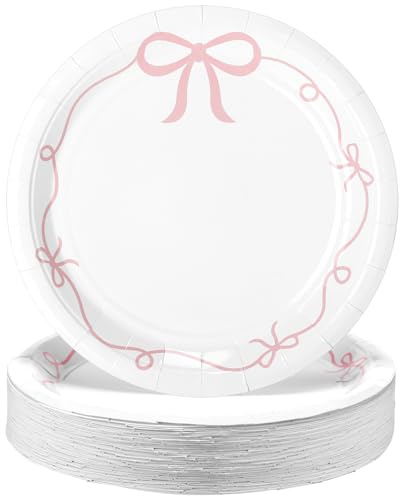 Havawish 50 Pcs Pink Bow Party Supplies Pink Bow Paper Plates Coquette Theme Tableware Disposable Dinner Dessert Plates for Bachelorette Bridal Party Baby Shower Decoration Favors