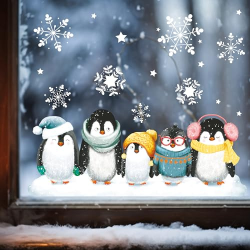 Wandtattoo Loft Fensterbilder Weihnachten mit 5 Pinguine und Schneeflocken – Wiederverwendbar – A2 Bogen – Weihnachstdeko Fenster Kinderzimmer, Weihnachtsbilder Fenster, Fensterbild Winter