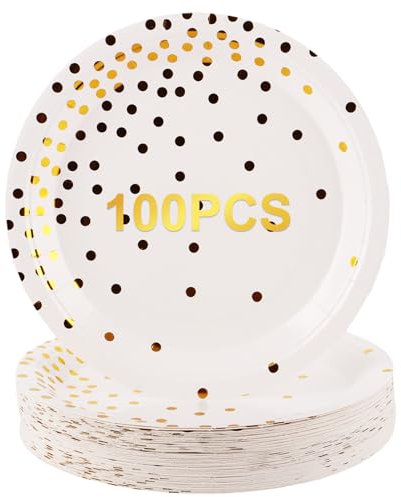 APACALI 100 platos de papel dorado, 23 cm, platos de papel de aluminio dorado, platos para fiestas, color blanco con estampado dorado, platos de papel para cumpleaños, graduaciones, aniversarios