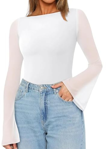LACOZY Mesh Tops for Women Long Bell Sleeve Blouses Sexy Going Out Shirt Sheer Autumn Outfits 2025 White M