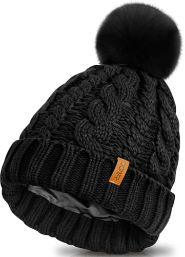 Donfri Mütze Damen Seiden Satin Beanie Wintermütze Damen Warme Winter Strickmütze Hat mit Bommel Geschenk