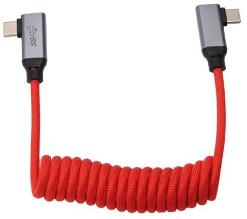 HangTon USB Type-C Right Angle, PD 100W 4K60 20Gbps Cable for iPhone 15 16 17 Pro Max, R5 R8 A7Siii FX6 A1 Mark ii Camera, Samsung SSD Computer Monitor Display, Red Braided Coiled 30cm