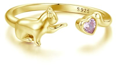 18K vergoldeter Katzen ring aus 925er Sterling Silber für Damen,verstellbarer offener Tier-Ring mit Herz-Kristall,Geburtstags-Schmuck geschenk für Freunde