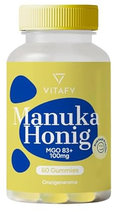 VITAFY Manuka Honig Gummies MGO 83+/100mg | mit Vitamin C, D, B12 und Zink | 60 Gummies, 1 Monats Vorrat | mildes Orangenaroma | praktisch & lecker