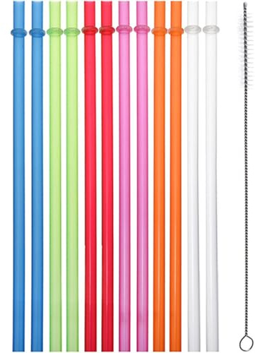 13 Inch Clear Reusable Plastic Replacement Drinking Straws Extra Long for 30oz 40oz 60oz Mason Jar Tumblers,Dishwasher Safe,Set of 12 Pcs Straws with Cleaning Brush (Twelve Straws)