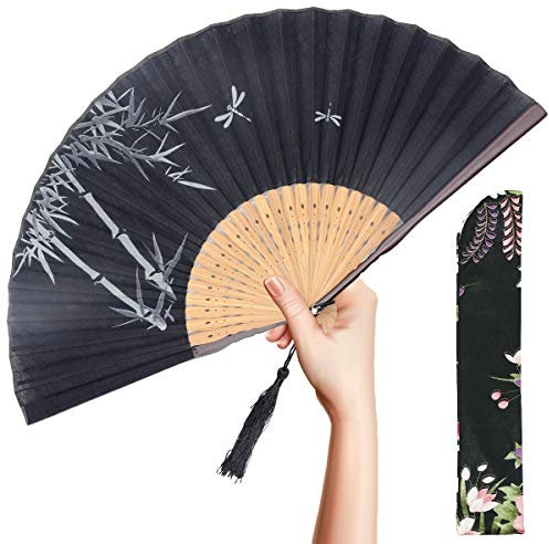 OMyTea Landscape Folding Hand Held Fan for Women - Chinese/Japanese Vintage Retro Style for Wedding, Dancing, Church, Party, Gifts - With a Fabric Sleeve for Protection (Bamboo Forest - Black)