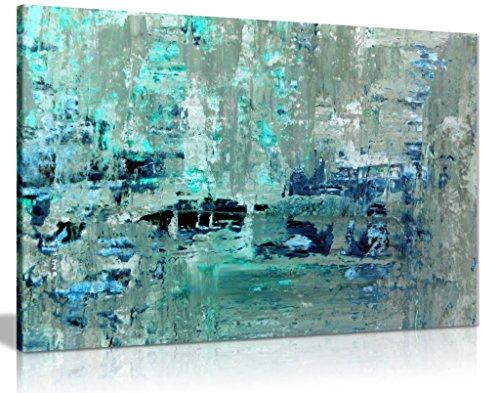 Large Teal Grey Abstract Textured Canvas Wall Art, Framed, 46x31 cm | Ready to Hang Wooden Frame Picture for Living Room Bedroom, Stretched Landscape Painting, Home Office Wall Decor 18x12 in