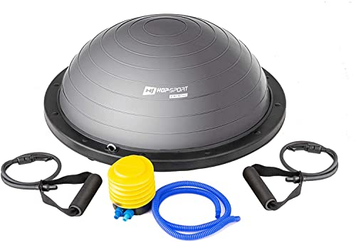 Hop-Sport Balancetrainer mit Zugbändern, Grau, Balance Board mit Expander, Rutschfeste Oberfläche, Doppelseitige Nutzung, Inkl. Pumpe, 200 kg Max. Belastbarkeit