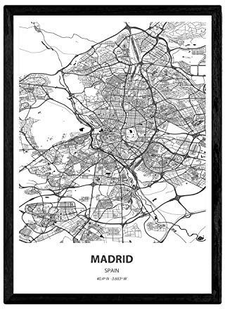 Nacnic Poster mit Karte von Madrid - Spanien. Blätter von Städte in Spanien mit Meeren und Flüssen in schwarz und weiß. A3