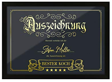 Kartenmachen.de Personalisierte Gold Auszeichnung mit Heißfolienprägung mit eigenem Text, DIN A4 oder A3, Hintergrundfarbe wählbar, optional mit Rahmen, z.B. als Geschenk oder Urkunde