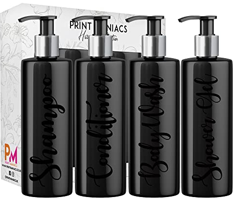 Print Maniacs Black Mrs Hinch Inspired Personalised 500ml Pump Bottles Bathroom Lotion Kitchen Set Shampoo Conditioner (Shower Gel Set) (Black)