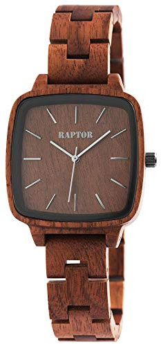Raptor Damen-Uhr Holz eckig Natur Faltschließe Datum Analog Quarz RA10213 (Walnussholz)