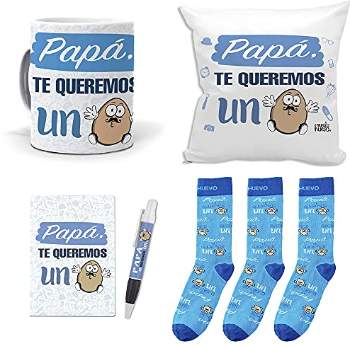 mundohuevo Mega Regalo Personalizado para Padres. Papá te Queremos un Huevo. Taza, cojin, libreta, boli y Trio de Calcetines