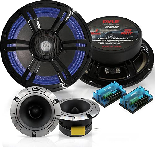 Pyle 6.5 Component Speakers for Car Audio - 2 Pair Kit Includes Pair of Crossover Networks and 1'' Aluminum Tweeters, Paper Cone with Cloth Edge - PLD64C