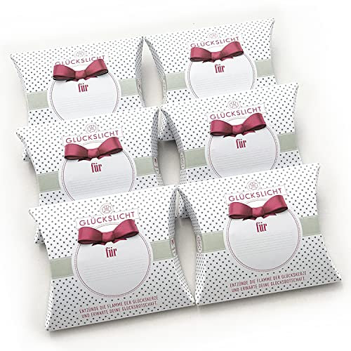 Glückslicht in der Geschenkbox mit der ausgestanzten Schleife | Dots | Glückslicht für … | personalisierbar & individualisierbar | Elegante weiße Geschenkbox mit zartgrünen Punkten | 6er-Set