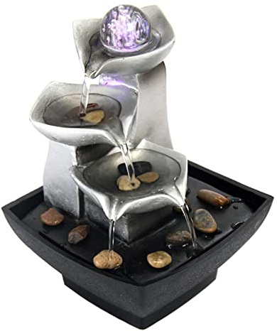 Fontana da tavolo relax a 3 livelli per interni, pompa automatica con bacino extra profondo con rocce naturali di fiume e luce LED per casa, ufficio, camera da letto