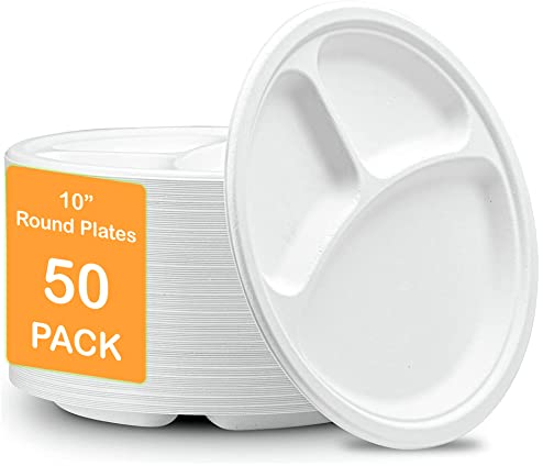 Pack of 50 Large 9/10 inch Super Rigid Bagasse Plates Biodegradable & Compostable ECO Friendly Dinner Party Plates Perfect for Everyday USE Party Picnic BBQ (10 Inch Compartment)