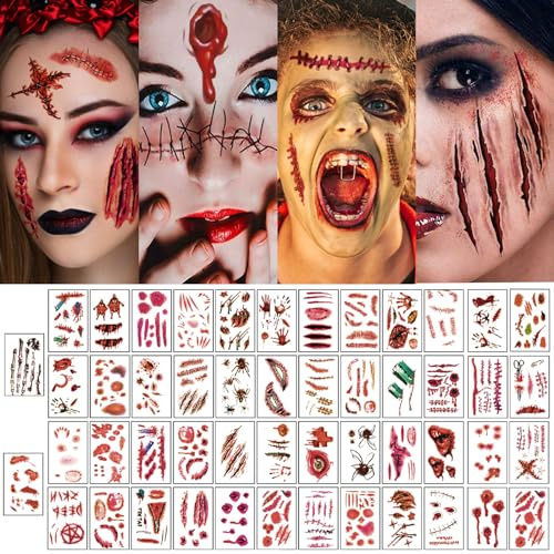 Halloween Tattoo Narben, 50 Blatt Halloween Temporäre Tattoo Aufkleber, Halloween Tattoos, Wasserdicht Schminke Gesicht Narben Horror Wunden Aufkleber Vampir für Kinder Erwachsener Makeup Gefälschten