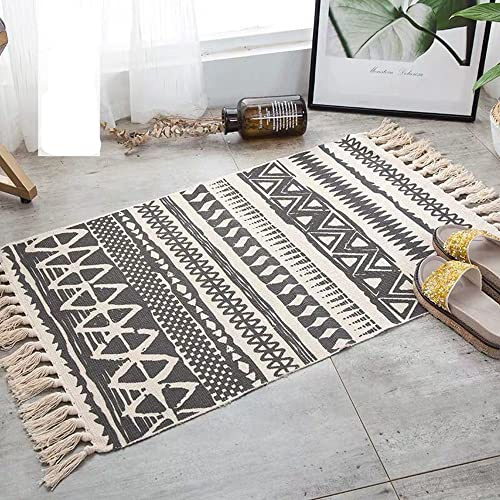 LUMoony Vintage Teppich Gewebt Wohnzimmerteppich Teppiche aus Baumwolle Boho Teppich mit Quasten Gewebte Waschbare Baumwolle Teppiche 60 * 90cm Baumwolle Teppiche