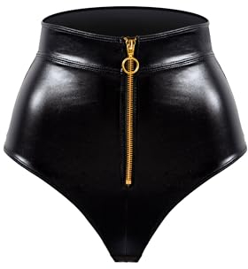 LOVE YOU SEXY Damen Kunstleder Höhe Taille Unterhosen mit Reißverschluss, Schwarz Unterhosen, XL