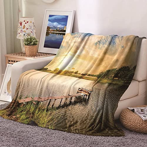 Flanelldecke Grün, Fleecedecke Motiv Gelb Kuscheldecke Seelandschaft Blanket 180x220CM Weich Kuschelig Warm Wohndecke Sofa Bett Geschenk