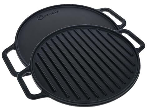 VICTORIA Plancha Cocina Hierro Fundido Esmaltado Inducción Parrilla Doble Reversible 32cm Redonda para Fuego, Barbacoa, Horno, Vitrocerámica, Gas, Libre de Tóxicos sin PTFE