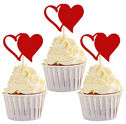 24 Stück Hollow Double Heart Cupcake Toppers rot Glitter süße Liebe Valentine Kuchendekoration Valentinstag Thema Hochzeit Braut Dusche Geburtstag Kuchen Dekorationen Party Zubehör