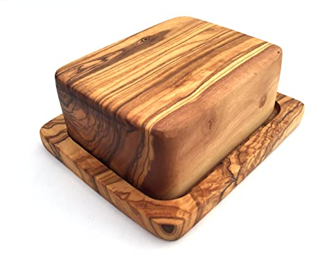Beurrier avec couvercle - Convient pour 250 g de beurre allemand - Fabriqué à la main en bois d'olivier