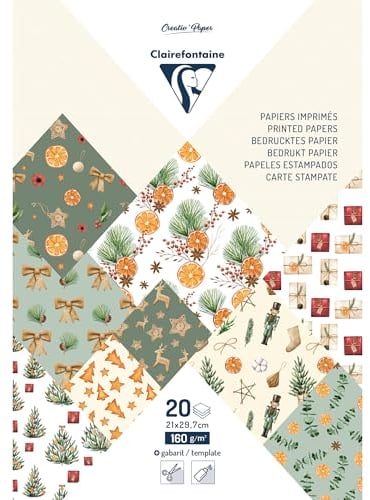 Clairefontaine 95547C - Bloc de 20 Feuilles à Motifs Noël Vitaminé Format A4 (21x29,7cm) 160g/m² + 2 Planches d'Etiquettes + Idée Créative avec un gabarit - Papier Scrapbooking Loisirs Créatifs