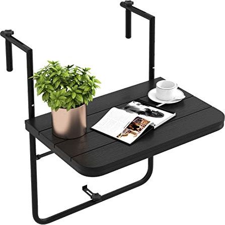COSTWAY Tavolino Pieghevole da Balcone, Regolabile in Altezza, Tavolo da Appendere Adatto a Ringhiera da 3-15 cm, 62,5x60x84 cm, per Giardino Esterno Terrazzo (Nero)