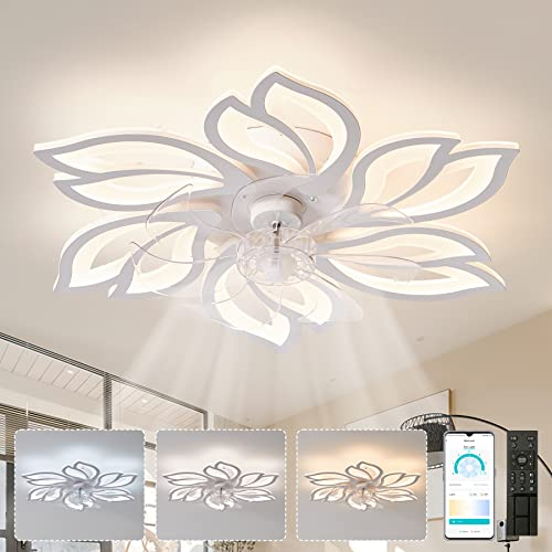 Ventilador de Techo con Luz y Mando Blanco, Lampara Ventilador Techo Silencioso Motor DC 6 Velocidades, Plafon Ventilador Techo Flor Verano Invierno Regulable con Temporizador para Dormitorio, Cocina