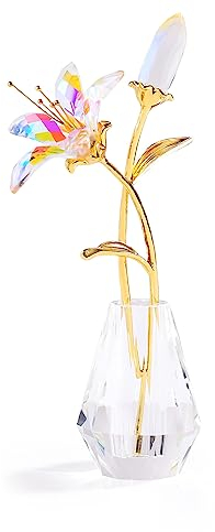 Fleur de lys en cristal à collectionner - Cadeau pour femme, maman, fleur de lilium en verre avec tige en métal pour mariage, Saint-Valentin, fête, décoration d'intérieur (transparent)