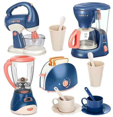 Sobebear Kids Kitchen Play Toys Set, Coffee Maker, Blender, Toaster and Mixer with Light and Sound, Realistic Role Play Kitchen Set Gift for Girls and Boys Ages 3+ Years