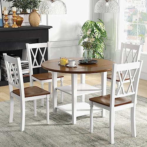 COSTWAY 5-Piece Mid-Century Modern Extendable Dining Table Set with 2-Tier Storage Shelf and High Backrest Chairs