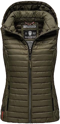 MARIKOO Damen Kapuzenweste für den Übergangs Weste mit Kapuze Steppweste B915 [B915-Hasenp-Dark-Olive-Gr.S]