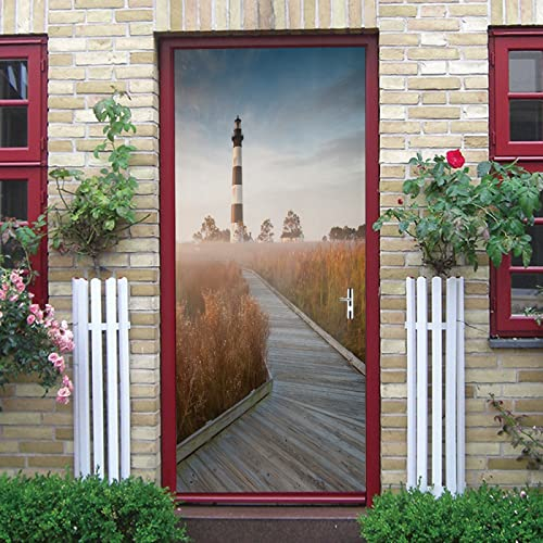 Türaufkleber Hölzerne Straße Leuchtturm Türtapete Selbstklebend Türposter Kinderzimmer Fototapete Türfolie Poster Tapete Türaufkleber 3D Decoration Aufkleber PVC Selbstklebend B100 x H200cm