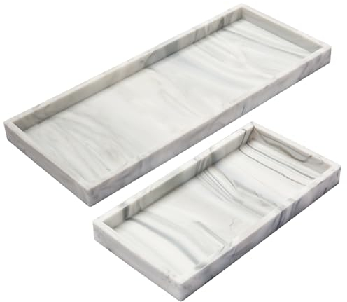 Comealltime 2 Stück Badezimmer Tablett Marmor Pattern, 2 Größe Weiches Silikon Schmucktablett Schminktisch Deko Badezimmer Tablett Organizer für Arbeitsplatte, Küchenspüle, Waschtisch, Marmor Weiß