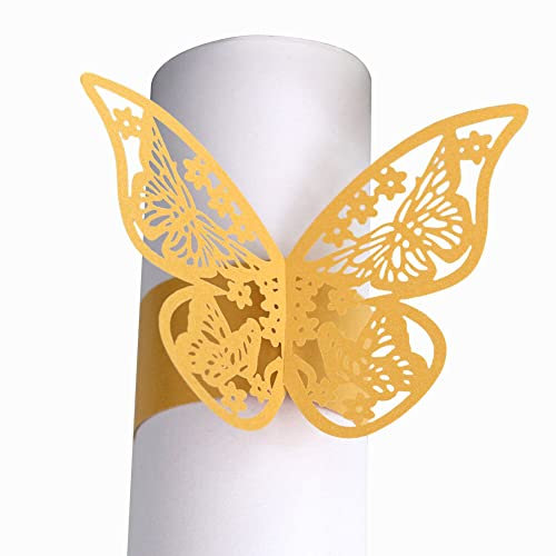 ihreesy 50 Stück Serviettenhalter Schmetterling Ring, 3D Schmetterling Papier Serviette Schnalle Halter Hochzeit Tischdeko Streudeko Serviettenschnallen Papierhalter Tischdekoration,Gold