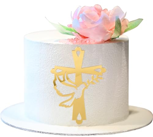 BETESSIN 1Pc Kuchendeko Kreuz Gold Acryl Torte Deko Taube Cake Topper 17,5x12cm Spiegel Kuchen Dekoration Set für Taufe Hochzeit Geburtstag Babyparty Kommunion