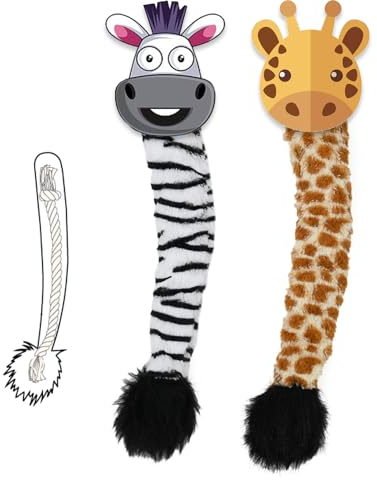 Onmygogo Quietschendes Plüsch-Hundespielzeug, Plüschtierschwanz-Spielzeug für Aggressive Kauer, interaktives Spielzeug für kleine, mittelgroße und große Hunderassen (Giraffe und Zebra)