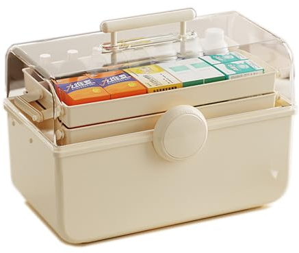 Toolzia 14in 3 Layer Multipurpose Storage Box/Craft Storage Boxes With Compartments/Plastic Tool Box/Medicine Storage Box/Sewing Box with 2 Trays (Extra Large Cream)