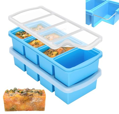 ZIP STANDING Silicone Freezer Trays with Lid, 1-cup Soup Freezer Container large Ice Cube Molds with Reinforced Steel Ring Top for freezing Soup Sauce Broth Leftovers oven Dishwasher -Safe(2-Pack)