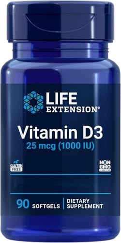 Life Extension, Vitamin D3, 1000 IU (25mcg), 90 Softgels, High-Dose, Lab-Tested, Gluten-Free, Soy-Free, GMO-Free