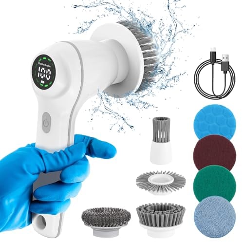 Electric Spin Power Scrubber, New 2024 Electric Scrubbing Brush with 8 replaceable Brushes, 2 Gears adjustable and 1-100% Battery Display IPX7 Electric Scrubber for Bathroom, Kitchen, Pantry, Corner