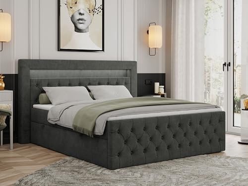 MKS MEBLE Boxspringbett 200x200 mit Led Grau, Bett Polsterbett 200x200 mit LED Kopfteil, Multipocket Matratze H4, Doppelbett mit Bettkasten Stauraumbett - Gold-9 - Dunkelgrau Struktur
