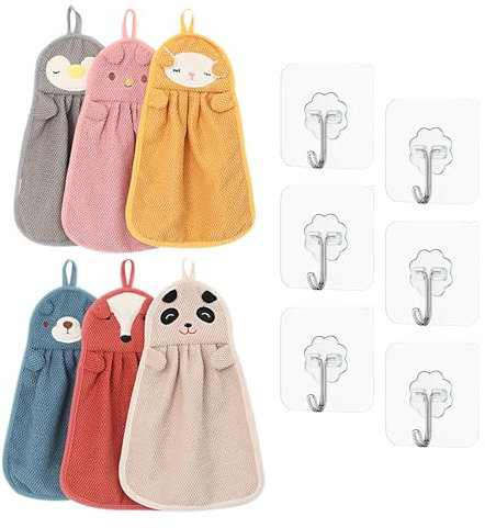 ZBHDEYG Juego de 6 pañuelos con diseño de animales, 6 ganchos, toallas de colores para niños e invitados, pequeñas toallas para la cara