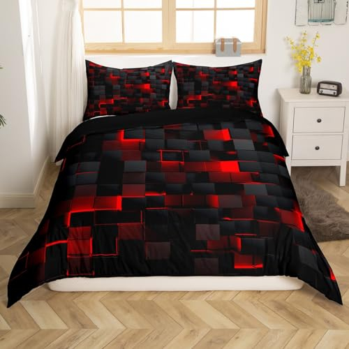 Rote und Schwarze Jungen Bettwäsche Set 200x200 Neon Geometrisch Karierte Kinder Tröster Abdeckung Teen Abstrakte Quadratische Gitter Bettbezug Glühende Plaid Check Bett Set Moderne Zimmer Dekor